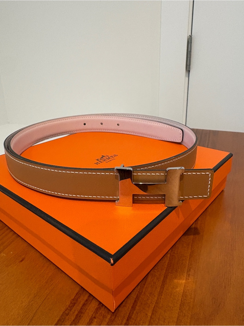 Hermès Reversible Belt, Size 95, Brown & Pink, Shiny Palladium H Buckle New